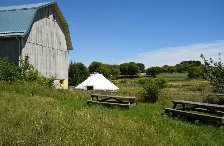Barn yurt and picnic tables