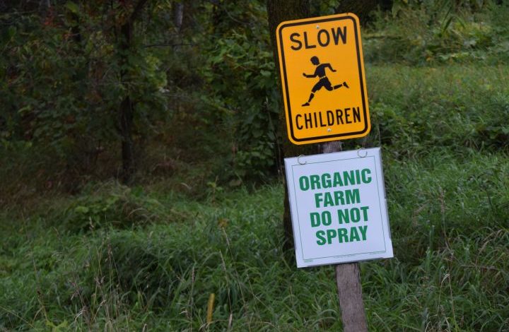 Two signs - 'slow children' and 'organic farm do not spray'