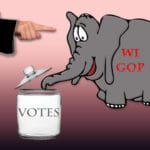 Image of GOP_ elephant with trunk in the vote jar and the scolding hand of a judge, Image created by Stephen Lord